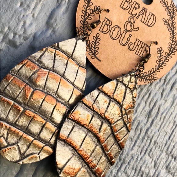 Metallic Silver and Brown Genuine Embossed Leather Teardrop Dangle Earrings - Picture 4 of 9